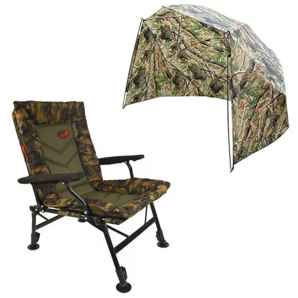 Carp Expert Comfort Camo Sedia da Pesca & Mezza Tenda - Con Ombrellone da 250cm