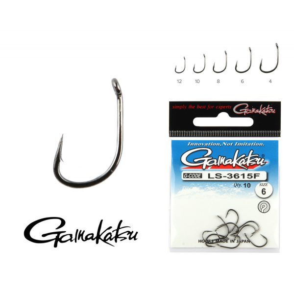 Gamakatsu LS-3614F/012 N/L Nero 12 12 pezzi/confezione Amo da feeder con occhiello e ardiglione