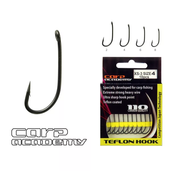 Carp Academy Teflon Hook XS-3 Nero 6 10pz/confezione Occhiellato Barbigliato Amo da boilie