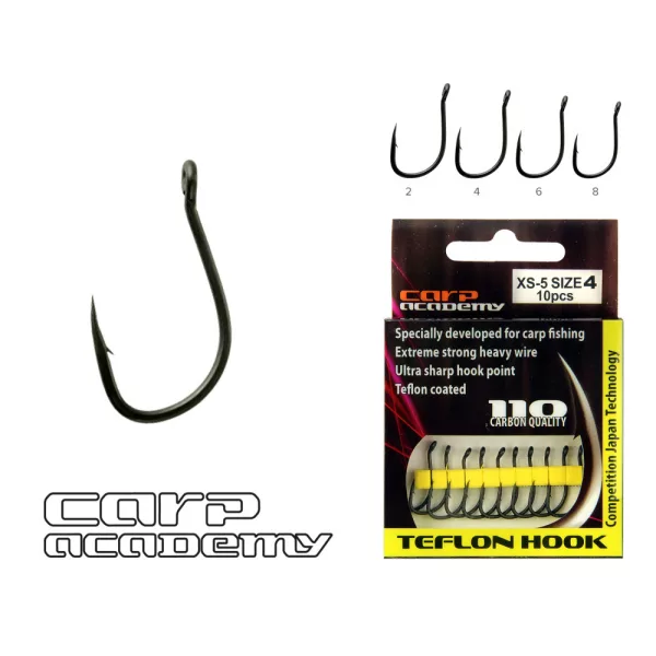Carp Academy Teflon Hook XS-4 Nero 6 10pz/confezione Occhiellato Barbigliato Amo da boilie