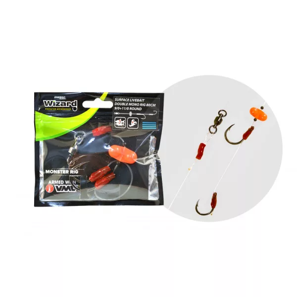 Wizard Monster Surface Livebait Double Mono Rig 9/0+11/0 Round 80cm Terminale Monofilo a Doppio Amo