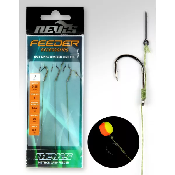Nevis Feeder treccia pre-terminale con spina per esca Nero 8 3pz/confezione Amo pre-legato a treccia con occhiello e ardiglione