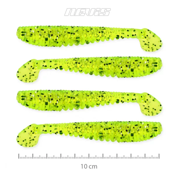 Nevis Impulse Shad 10cm 6,92gr 4pz/conf Paillettes Verde Fluo Esca in plastica
