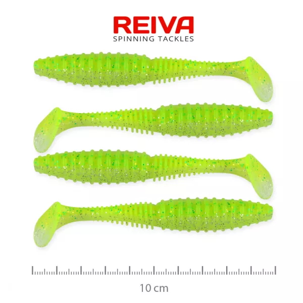 Reiva Zander Power Shad 10cm 7,05gr 4pz/cf (Glitter Fluo Verde I.) Esca in plastica