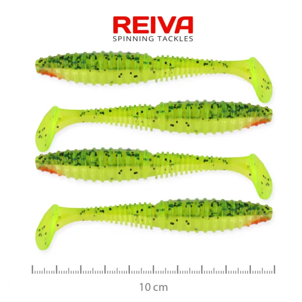Reiva Zander Power Shad 10cm 7,05gr 4pz/conf (Flitter Verde-Arancione) Esca in plastica