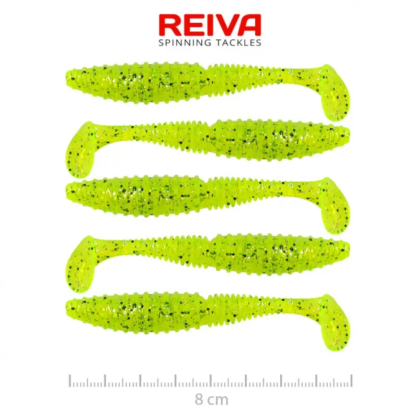 Reiva Zander Power Shad 8cm 3,18gr 5pz/conf (Flitter Verde Fluo II.) Esca in plastica