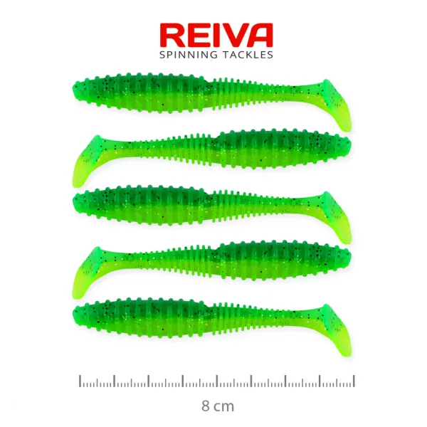Reiva Zander Power Shad 8cm 3,18gr 5pz/conf (Flitter Verde) Esca in plastica