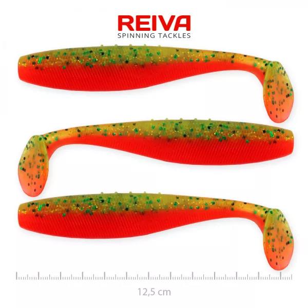 Reiva Flat Minnow shad 12,5cm 3pz/cf (Glitter Verde-Arancio) Esca in plastica