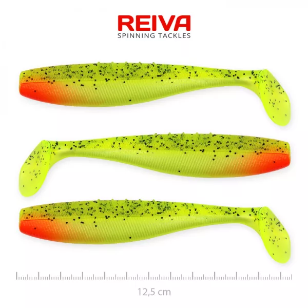 Reiva Flat Minnow shad 12,5cm 3pz/cf (Glitter Verde-Rosso) Esca in plastica