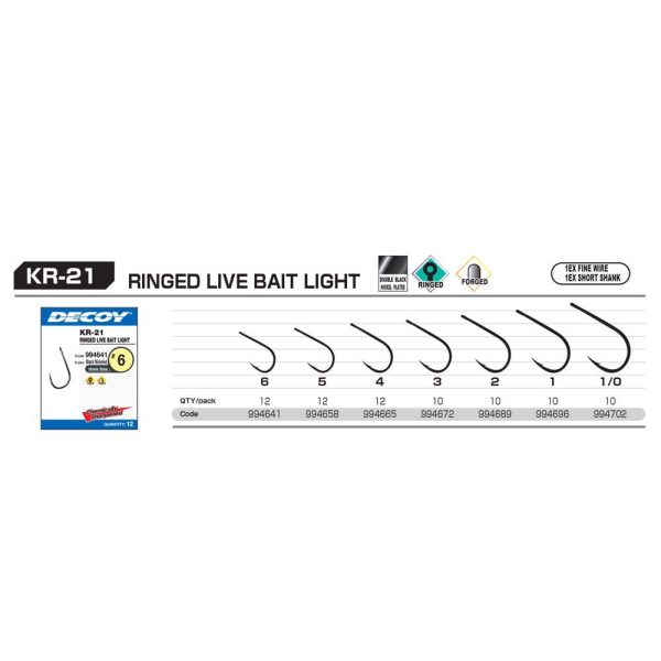 Decoy KR-21 Round Live Bait Light 1/0 Füles Szakállas Egyágú Ragadozóhalas Horog 12db