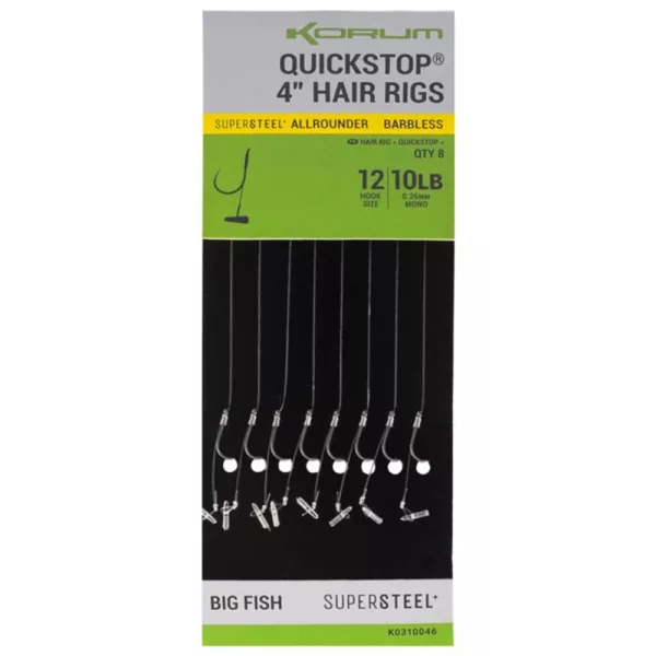 Korum Big Fish Hair Rigs W Quickstops Misura 10 Ami Pre-legati Monofilo con Ardiglione con Occhiello 8 pz