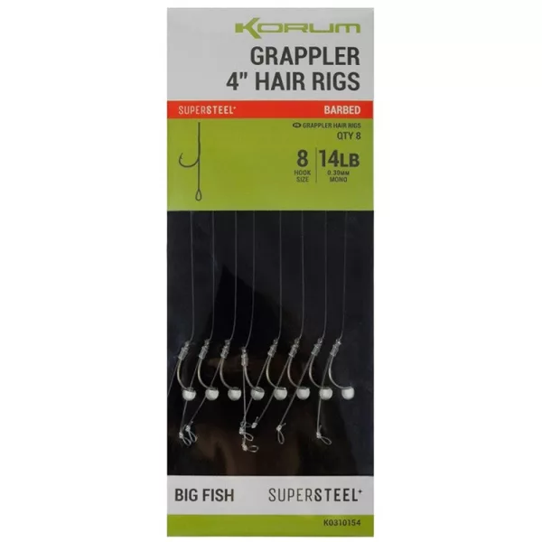 Korum Grappler Hair Rigs 10cm 14 Amo Pre-legato Monofilo Con Occhiello Con Ardiglione 8pz