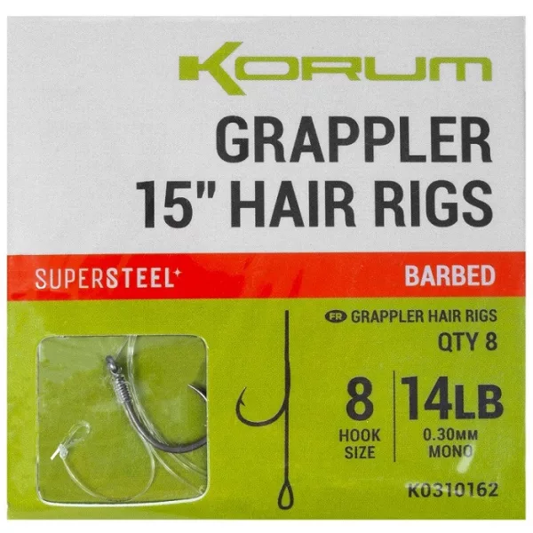 Korum Grappler Hair Rigs 38cm 10 Amo Monofilo Pre-legato con Ardiglione e Occhiello